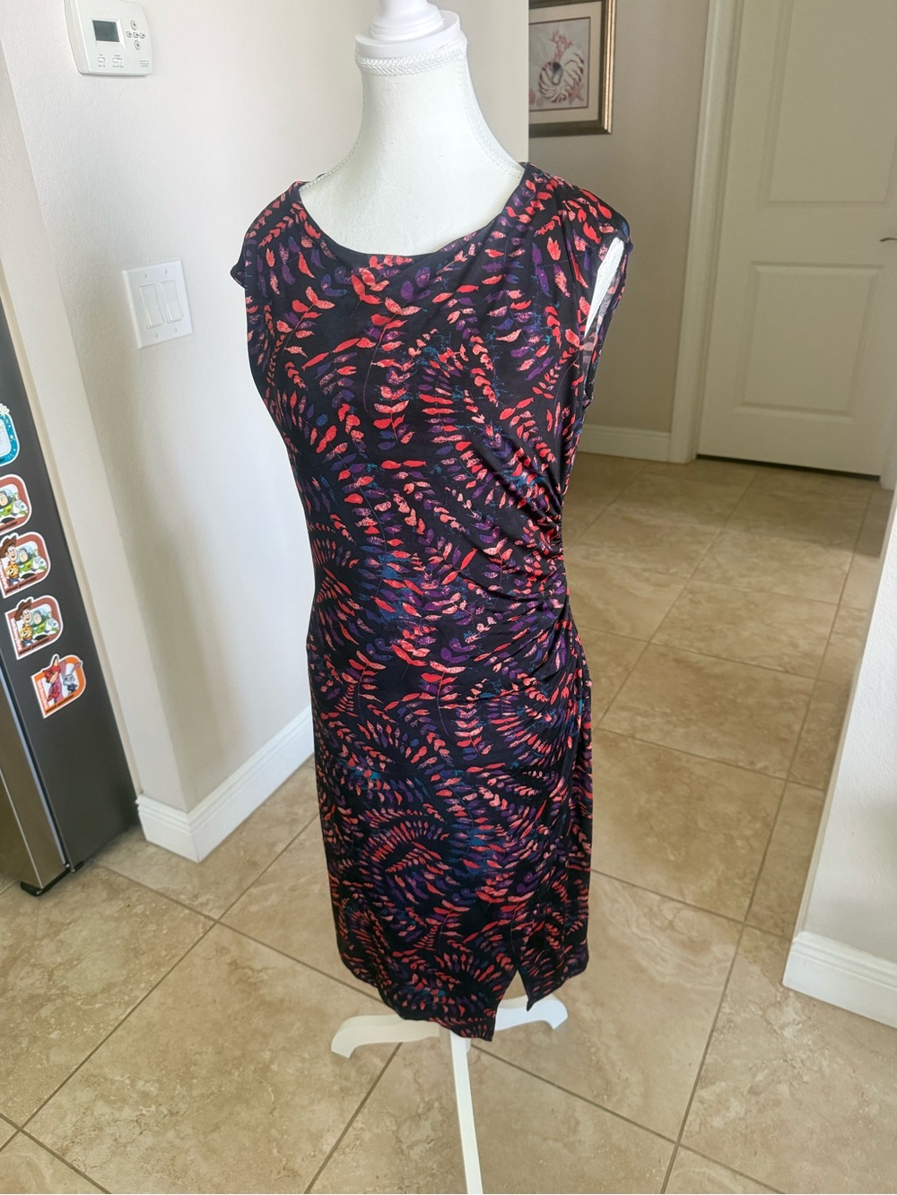 Like new knit Sleeveless Navy Dress with Red Leaf Print